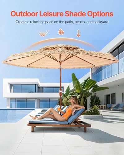 VEVOR Tiki Umbrella Thatched Patio Umbrella with Tilt, Hawaiian Style Beach Parasol with PP Thatch and 8 Metal Ribs, Grass Pool Umbrellas for Beach, Patio, Poolside, Backyard & Garden - size: 6 Ft ( 1-tier )