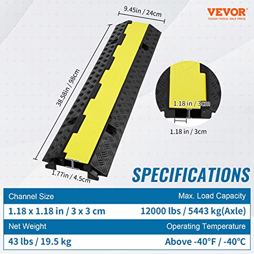 VEVOR 3 PCs 2 Channel Rubber Cable Protector Ramp, 12000 lbs/axle Capacity Heavy Duty Hose Wire Cover Ramp Driveway, Traffic Speed Bump w/Flip-Open Top Cover & 50 ft Warning Tape, for Indoor&Outdoor - style: 2 Channel-3PCs