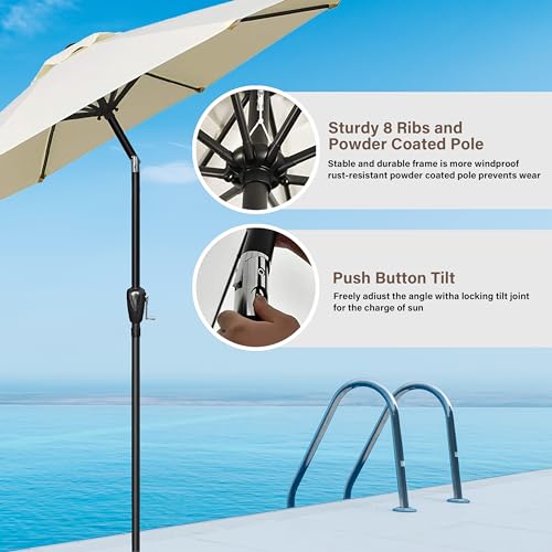 HealSmart 9ft Patio Umbrella with Push Button Tilt/Crank, Outdoor Table Market Yard Umbrella with 8 Sturdy Ribs for Garden, Backyard, Deck, Pool, Beige - color: Beige, size: 9FT