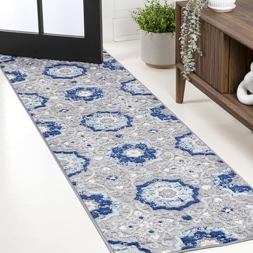 JONATHAN Y Mediterranean Medallion Indoor Outdoor Runner Rug 2X8 Blue/Gray, Boho for Backyard, Patio, Porch, Easy-Cleaning, High Traffic, Pet-Friendly, Non-Shedding (AMC101A-28) - size: 2'3" x 8' (Runner)