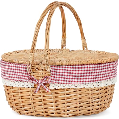 HappyPicnic Wicker Picnic Basket with Lid and Handle - Hand-Woven Basket with Removable Liner for Picnic, Camping, Easter, Halloween, Thanks Giving or Birthday (Red Check, Large) - color: Red Check, size: Large