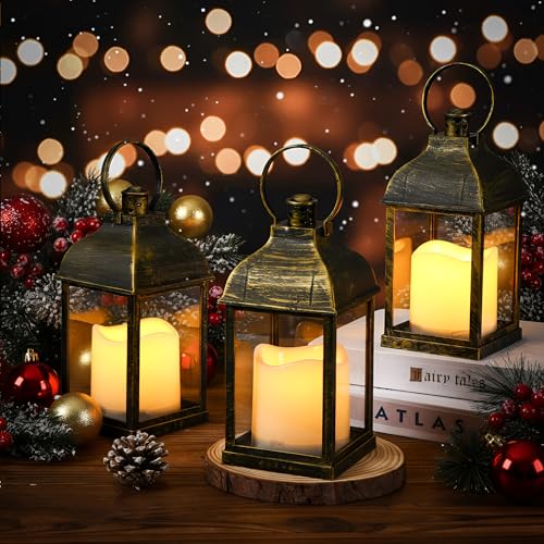 12 Set 10 Inch Bronze Decorative Candle Lanterns Bulk Lanterns Centerpiece with LED Flameless Candle Indoor Outdoor Battery Powered Hanging Lights for Wedding Mother Day Party Decoration - color: Bronze