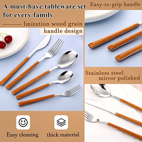 Coume 40 Pcs Wood Handle Silverware Set Stainless Steel Cutlery Set with Imitation Wood Grain Handle Silver Mirror Polished Dishwasher Safe for Household Kitchen Utensil Restaurant Hotel Party