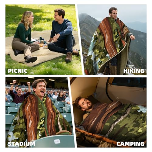 Outdoor Camping Blanket with Sherpa Lining, Extra Warm Thick Camp Blankets and Puffy Ultralight Soft Poncho DWR Camping Quilt for Cold Weather, Adventure, Sleeping, Backpacking 78"x 56" - color: Olive Green, size: 78 x 56 inches