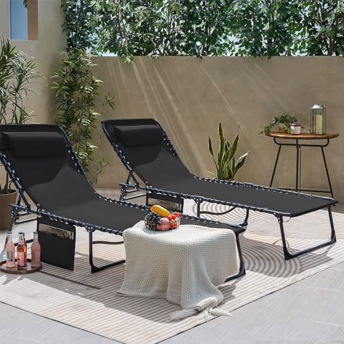 Flamaker Foldable Chaise Lounge Chair 5-Position Adjustable, Tanning Chair with Side Pocket, Outdoor Sunbathing for Pool, Beach, Patio, Lawn, Indoor Recliner Chair for Napping(Black, 1 Pcs) - color: Black, style: Normal, 1 Pcs