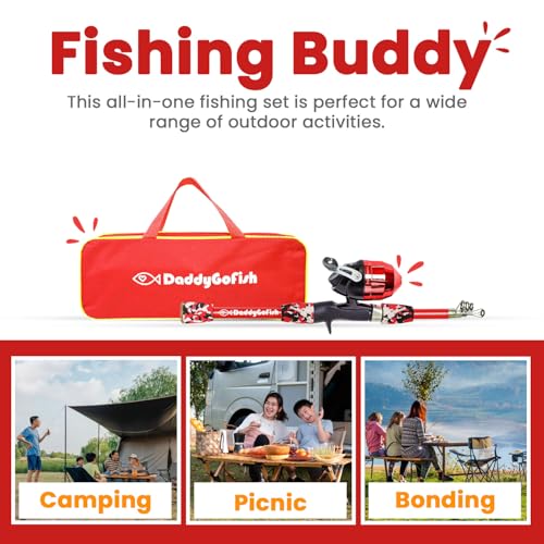 DaddyGoFish Kids Fishing Pole - Rod Reel Combo Tackle Box Starter Set - First Year Small Gear Kit for Boys Girls Toddler Youth Age Beginner Little Children - color: Red (Essential Set), size: 4ft