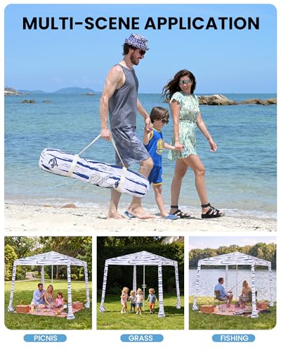 Qipi Beach Cabanas for Sand, Beach Canopy with Sandbags & Side Wall for Family, Easy Set Up Sun Shelter, UPF 50+ UV Protection with Roof Vent - color: 8' x 8' Navy Sailor Dual-Fold