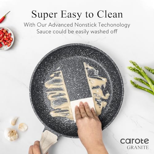 CAROTE 14Pcs Pots and Pans Set Non Stick, Cookware Sets Induction Cookware Granite Cooking Set with Frying Pans, Saucepans, Saute Pan, Extra Large Casserole - color: Black