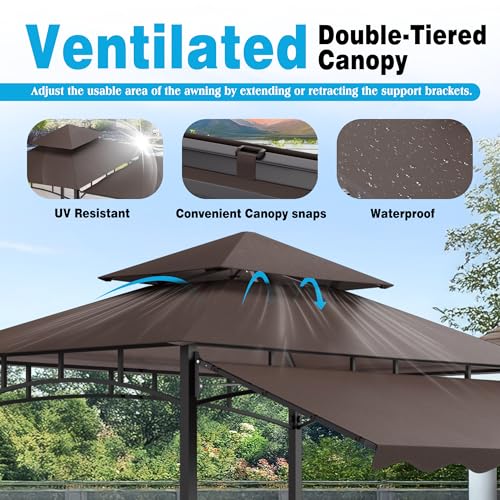 TITIMO 8'x 8' x 7.8' Double Tiered Grill Gazebo with Side Awning,Outdoor Patio BBQ Pergola, Heavy-Duty Metal Frame Canopy Tent with Side Shelves,Hooks,Bottle Opener for Lawn Deck and Garden (Brown) - color: Brown