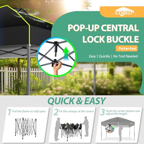 COBIZI Canopy 10x10 Pop Up Canopy Tent 1-Button Push Easy up Outdoor Canopy Instant Portable Commercial Shelter Waterproof UPF50+ Gazebo with Reflective Strip, Air Vent & 4 Sandbags,Black - color: Black(1-year warranty), size: 10x10ft With No Sidewalls