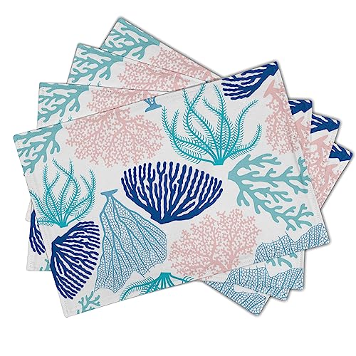 Summer Ocean Coral Placemats Set of 4,Blue Pink Coral Reef Linen Table Place Mat 12x18 in, Nautical Coastal Seaweed Heat-Insulation Non-Slip Placemat for Dining Kitchen Decor - color: Coral