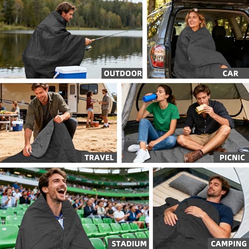 Large Outdoor Waterproof Blanket Extra Thick Fleece Stadium Blanket for Camping, Car, Pet, Picnics - Windproof, Wearable, Machine Washable 80" x 58" (Black Gray) - color: Black Gray