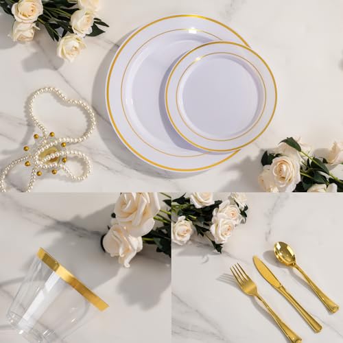 150 PCS Gold Disposable Dinnerware Set for 25 Guests, Gold and White Plastic Plates for Party, 25 Dinner & Salad Plates, 25 Cups, 25 Forks Knives Spoons for Wedding and Party Supplies - color: Gold, size: 25 Guests