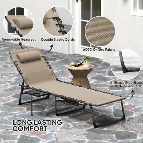 Outsunny Folding Chaise Lounge Chair Outdoor Tanning Chair with Side Table, 5-Level Adjustable Beach Lounge Chair with Headrest, Side Pocket for Patio, Backyard, Beach, Poolside, Beige - color: Beige