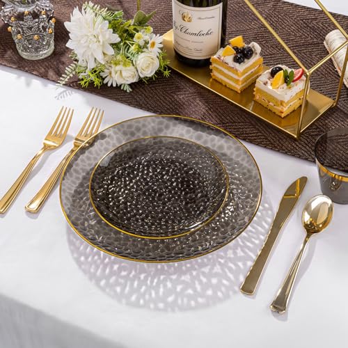 DaYammi 175PCS Clear Black and Gold Plastic Dinnerware Set for Party, Hammered Disposable Plates for Party, Include: 25 Dinner Plates, 25 Dessert Plates, 75 Gold Silverware 25 Napkins 25 Cups - color: Clear Black, size: 175 Pcs