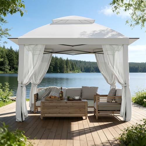 11'X11' Gazebo Pop Up with 4 Sidewalls Mosquito Netting, Heavy Duty Patio Gazebo Canopy Tent with Double Air Roofs for Backyards, Patios, Decks, Gardens, Parks - color: White Top