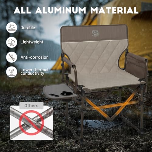 Timber Ridge Aluminum Camping Directors Chair with Side Table Pocket, Portable Folding Heavy Duty Lawn Chair for Fishing Trip Picnic Concert Outdoor 400lbs, Tan - color: Tan