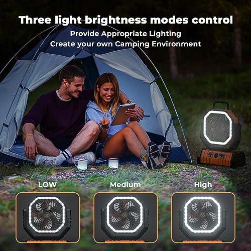 Camping Fan - 20000mAh Battery Powered Fan Rechargeable with LED Lantern - Portable Outdoor Tent Fans with Hanging Hook 4 Speeds Wind Remote Control, Black and Orange - color: Black and Orange