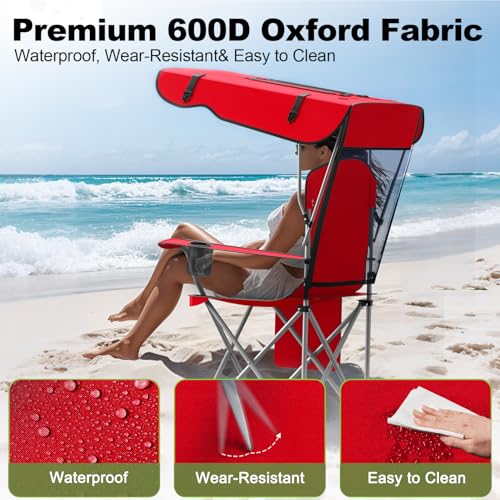 VTOY Portable Camping Chair with Canopy - Folding Chair with Canopy, Durable 600D Oxford Canopy Chair for Camping, Beach, Picnics, Fishing & Sports - color: 2pack Red