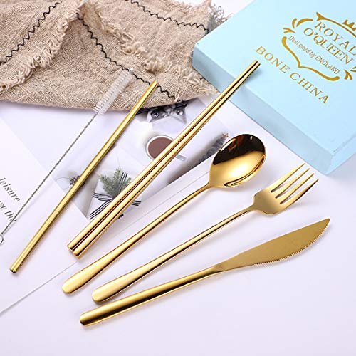 AARAINBOW 6 Pieces 18/8 Stainless Steel Flatware Set Portable Reusable Cutlery Set Travel Utensils Set Including Chopsticks Knife Fork Spoon Straws Cleaning Brush Dishwasher Safe (Golden) - color: Golden