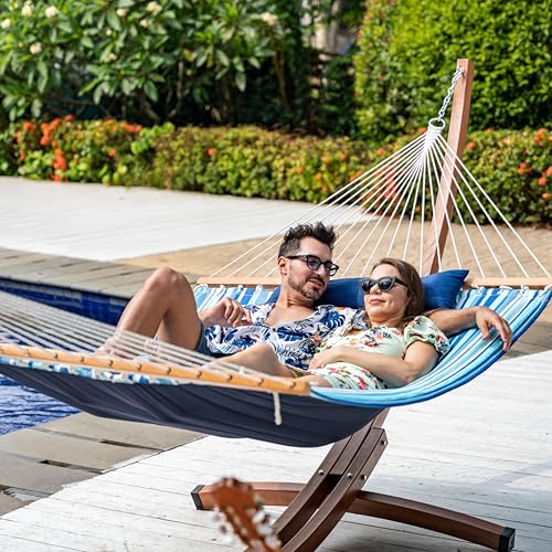 Lazy Daze Hammocks 12 FT Quilted Fabric Double Hammock with Spreader Bars and Detachable Pillow, 450lbs Weight Capacity - color: Mixed Blue Stripes