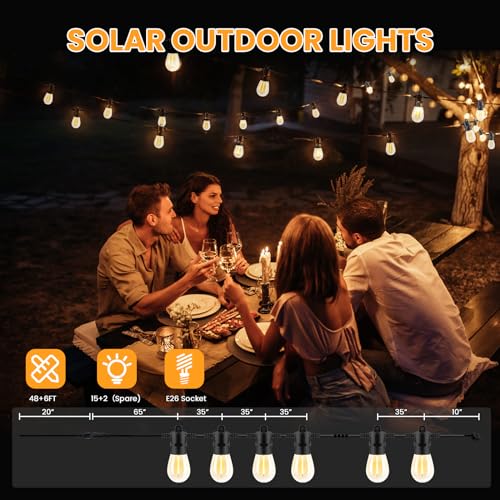 Yusist 104FT(98+6) Solar String Lights Outdoor Waterproof, Solar Powered Patio Light with 30+2 Dimmable S14 Edison Bulbs Shatterproof & Remote Control, Solar String Lights for Outside Garden Backyard - size: 104ft