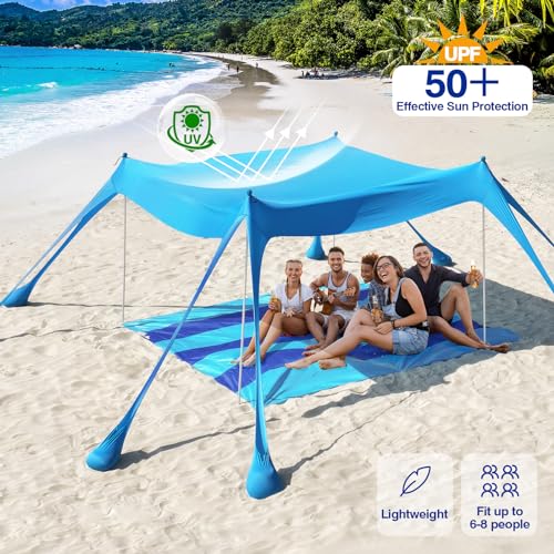Rhino Valley Beach Tent Shade Canopy UPF50+ Protection, 8 Sandbags, 4 Stability Poles, Outdoor Sun Shelter Umbrella for Sand, Camping, Fishing Essentials - color: Sky Blue, size: 10 x 10 FT