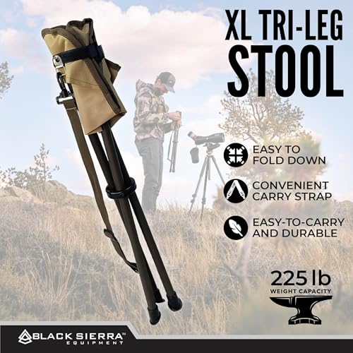 Black Sierra Folding Hunting Stool w/Shoulder Strap Supports 225 lbs, Lightweight Collapsible Tripod Seat, Foldable Steel Frame Chair Perfect for Hunting Blind, Fishing, Hiking, Travel - color: Tan 2