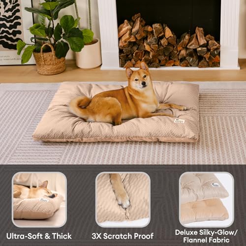 FUNNY FUZZY 30x20 Washable Dog Bed Crate Mat, 2 in1 Pet Pillow Sleeping Bed, Fluffy Deluxe Kennel Mattress for Medium Dog and Cat,Charcoal Grey,M,Beige - color: Beige, size: 30"×19" Medium