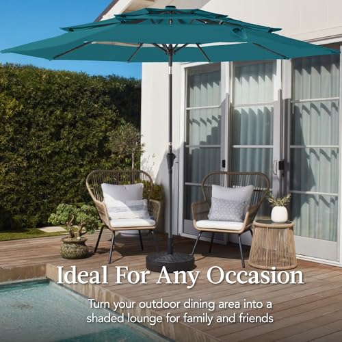 Best Choice Products 10ft 3-Tier Market Patio Umbrella, Outdoor Sun Shade with Tilt, Crank Lift, 8 Ribs for Backyard, Deck, Poolside - color: Cerulean