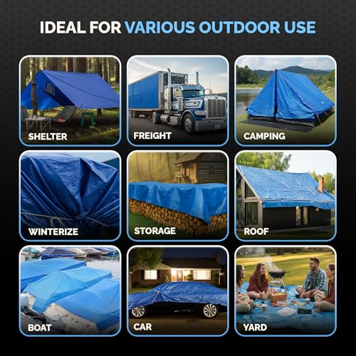 Tarps 12x16 Blue Tarp Waterproof – 5 MIL Thick Tarpaulin Outdoor Cover - Multipurpose Protection Poly Tarp for Camping, Tent, Roof, Patio, Pool, Floor, Furniture, Boat, Truck Beds, Pack of 1 - size: 12x16