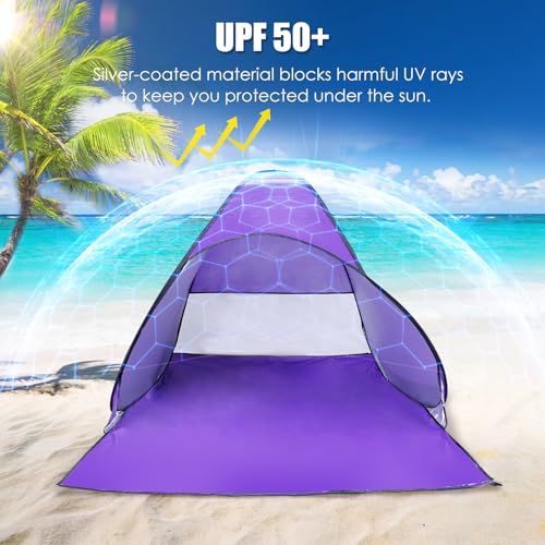 Pop Up Beach Tent, Sun Shelter for 2-3 Person, Sun Shelter with UPF 50+ & Lightweight, Portable Beach Tent Easy Pop Up for Outdoor Camping Fishing - style: Purple
