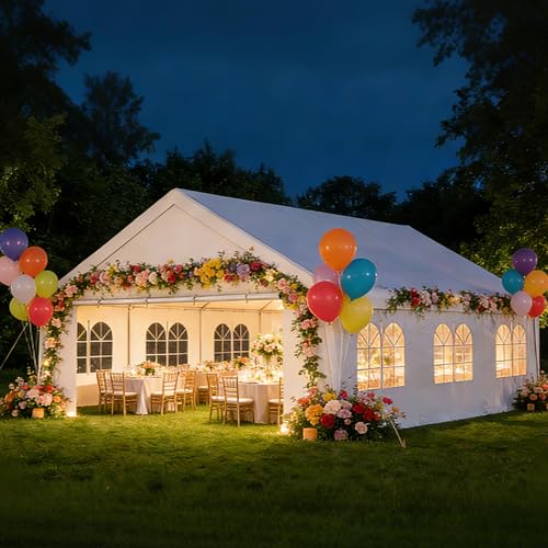 Carport 20x20 Party Tent Heavy Duty Canopy Waterproof Outdoor Storage Shelter Portable Garage w/Removable Sidewall Windows Canopy Tent for Wedding Event Backyard Barbecues Parties, White - size: 20x20 FT