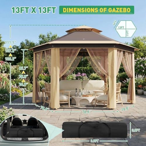 Takywep 13x13 ft Outdoor Gazebo Pop Up Canopy Tent, Heavy Duty Metal Frame, Double UV Protection, Privacy Screen Curtain, 3-Height Adjustable, Wheeled Bag & Ground Stakes for Backyard Patio Beige - color: Khaki Beige