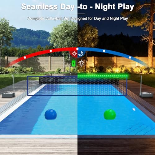 Pool Volleyball Net Set with High Brightness LED Solar Powered Lights, 15ft-32ft Adjustable Portable Volleyball Net with 40L Weighted Base for Inground Pools, 2 Ball & Pump for Family Fun, Party Games