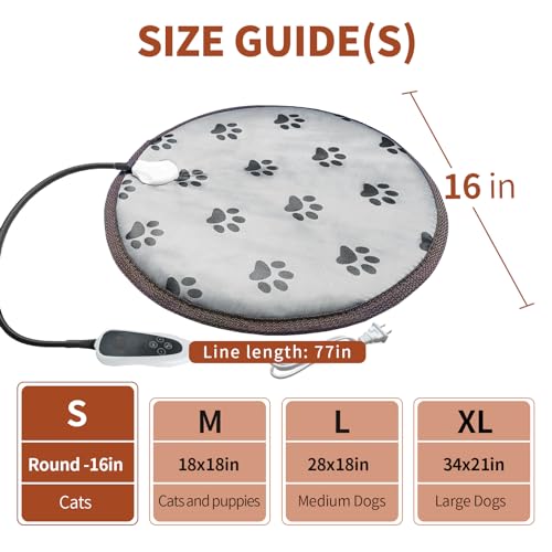 GOLOPET Cat Heating Pad Round with Smart Thermostat Switch and Power Line Protection Tube,Obtained MET and UL Dual Certification,Waterproof Pet Heating Pad for Cats-Paw Print - size: 16.0"L x 16.0"W x 0.5"Th