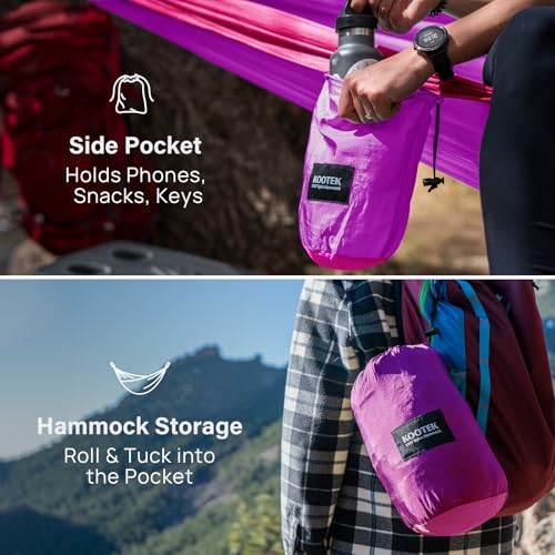Kootek Camping Hammock, Portable Hammocks with Tree Straps & Attached Carry Bag, Camping Essentials Gear, Perfect for Outside Indoor Hiking Beach Backpack Travel - color: Bright Violet & Pink, size: Large