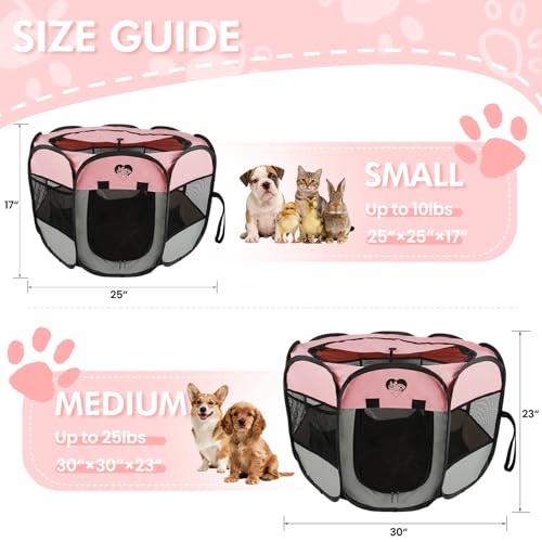 Dog Cat Playpen，Pet Cage - Indoor Outdoor, Portable Foldable Pop Up, Removable Zipper Top，Fits Dogs, Cats, Rabbits(Pink,S) - size: S