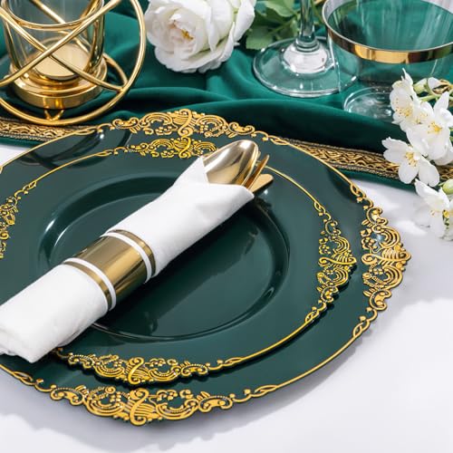 Nervure 350PCS Green Plastic Plates - Green Gold Plastic Dinnerware Sets for 50 Guests - 100 Disposable Plates, 150 Gold Silverware, 50 Cups, 50 Napkins Perfect for Wedding & Party - color: Green and Gold