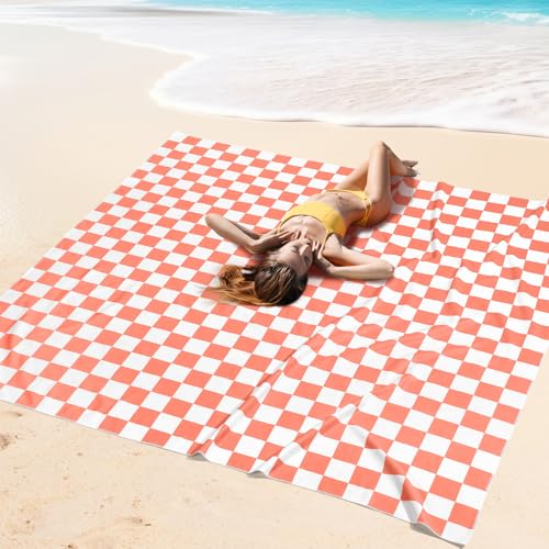 Peryiter Checkered Giant Beach Blanket 71 x 71 Inch Oversized Sandproof Towel Stripe Microfiber Quick Dry Lightweight Huge Blanket for Summer Hawaii Beach Travel Essentials Accessories(Coral Red) - color: Coral Red