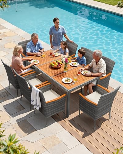 Flamaker 9 Piece Patio Dining Set Outdoor Acacia Wood Table and Chairs with Soft Cushions Wicker Patio Furniture for Deck, Backyard, Garden (Grey) - color: Grey, size: 9 Piece