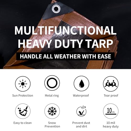 TARPAL Tarp 12x16 Feet Large Tarps Heavy Duty Waterproof 10mil Multipurpose Protective Cover Waterproof,Snow or UV Protection,Durable Reinforced Edges(Brown/Black) - color: Brown/Black, size: 12x16 Feet-Finished size