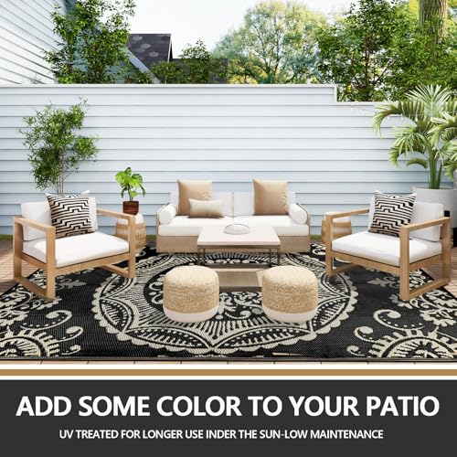 Capslpad Outdoor Rug 9x12 Patio Waterproof Boho Floral Plastic Straw Rug Large Foldable Vintage Outside Carpet with Carry Bag for RV Backyard Balcony Bench Picnic Porch, Camel - color: Black&brown, size: 9' x 12' (Rectangular)
