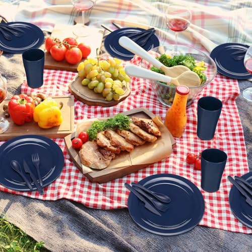 Tioncy 29 Pcs Mess Kit for Camping 4 People Camping Bowls Plates Cups Utensils Set Plastic Reusable Unbreakable Dinnerware Set with drawstring Bag for Travel Picnic Outdoor Dishwasher Safe