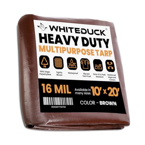 WHITEDUCK 10x20 Tarp 16 MIL Heavy Duty Poly Tarp Waterproof UV Resistant, True to Size, Rust-Proof Grommets, Tear & Rip Resistant, Extra Thick, Camping, Construction, Boat & Equipment Cover - color: Brown- 16 Mil, size: 10' x 20'