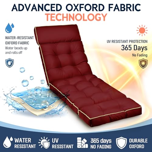 MAGIC ELEPHANT Chaise Lounge Cushion Outdoor, Memory Foam Patio Lounge Chair Cushion with Ties for Indoor Outdoor Furniture, Water-Repellent Replacement Long Chair Cushion (Burgundy) - color: Burgundy