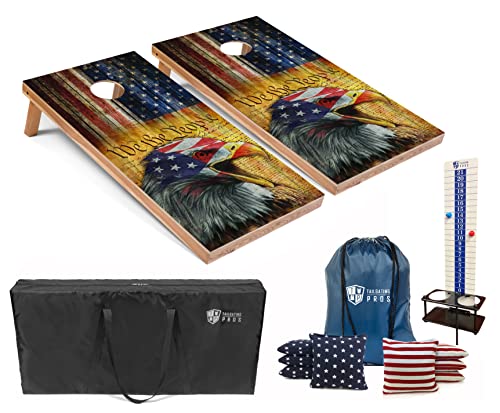 Tailgating Pros Cornhole Boards - 4'x2' Regulation Boards w/Carrying Case, Score Keeper, & Set of 8 Corn Filled Bags w/Tote - size: 4'x2' Boards w/ LED Ring Lights, style: We the People