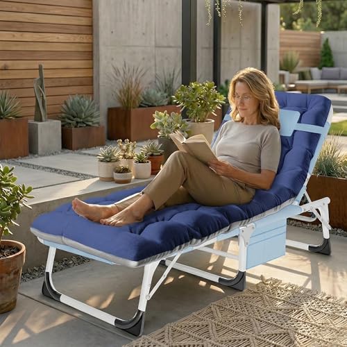 ABORON 4-in-1 Lounge Chair with Face & Arm Holes for Tanning, 440LB Heavy-Duty Folding Recliner with Plush Cotton Cushion, No Assembly Tri-Fold Guest Bed for Sunbathing, Poolside, Office Nap & Camping - color: Coastal Blue Extra Wide