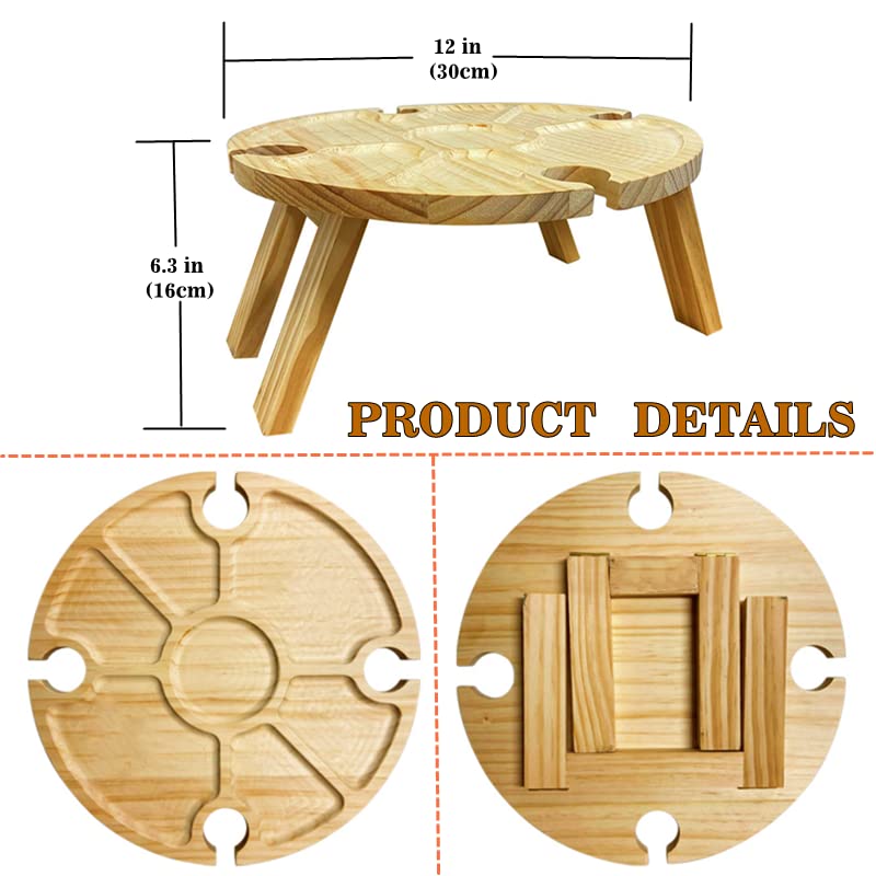 Wooden Folding Picnic Table with Wine Glass Holder - Portable Creative 2 in 1 Wine Glass Rack & Compartmental Dish for Cheese and Fruit for Outdoor, 11.81D x 11.81W x 6.29H in