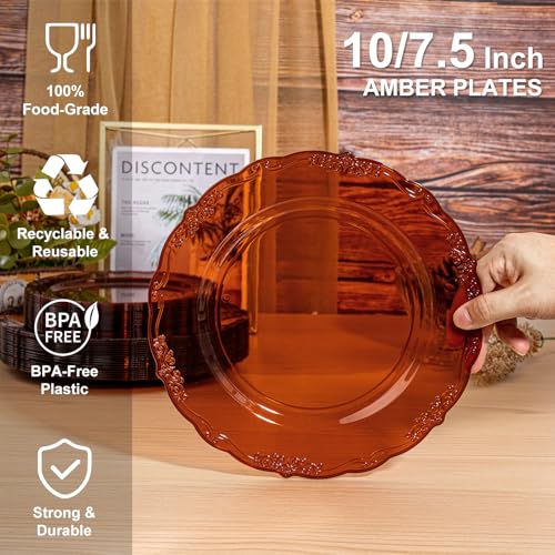 U-QE 100PCS Amber Plastic Plates - Clear Brown Plastic Plates Disposable Heavy Duty - Disposable Plates for Party Including 50PCS 10'' Dinner & 50PCS 7.5'' Dessert Plate - color: Amber